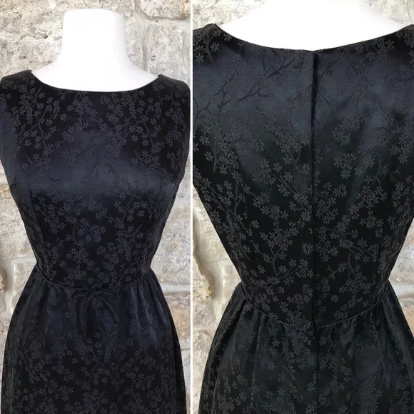 Vintage 50s Black Floral Brocade Dress Set with Kitten Bow Waist Audrey Hepburn - Picture 5 of 16
